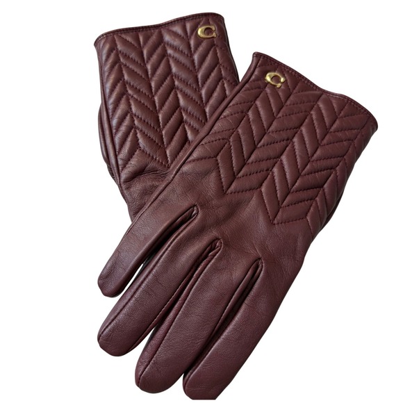 Coach Womens Burgundy Chevron Sheep Leather Wool Lined Tech Gloves F75542 SZ 8